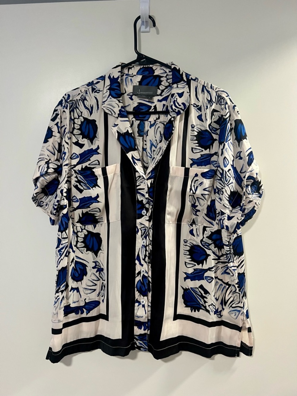 Anthropologie Blue Black Cream Floral Button-Front Blouse